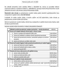 Ceník Pečovatelské služby od 1. 8. 2024