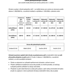Ceník Domu pokojného stáří od 1. 5. 2025