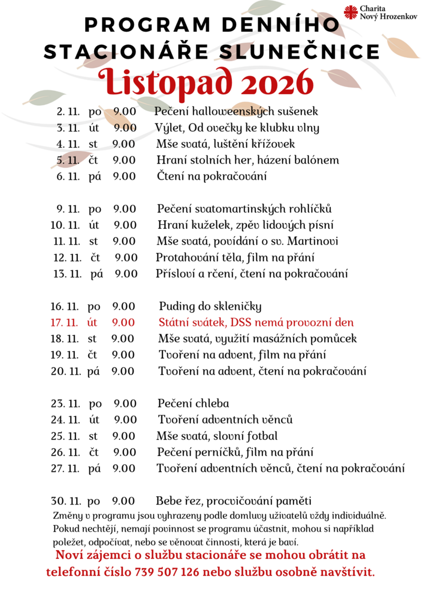 Program stacionáře v listopadu 2026 Program stacionáře v listopadu 2026